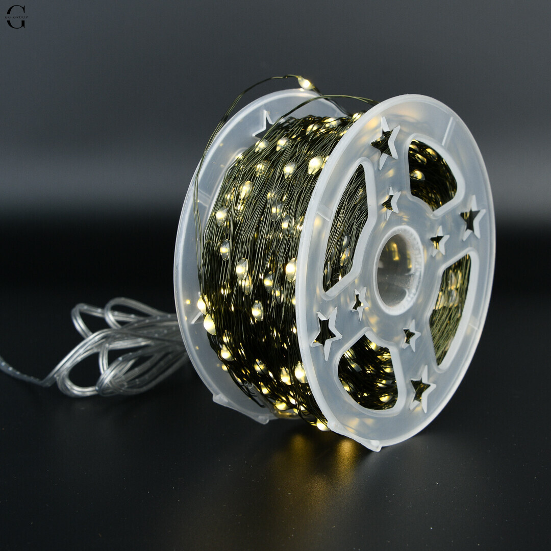 Гірлянда Роса 120м 1200 LED теплий жовтий + пульт, мідний зелений провід Вулична 